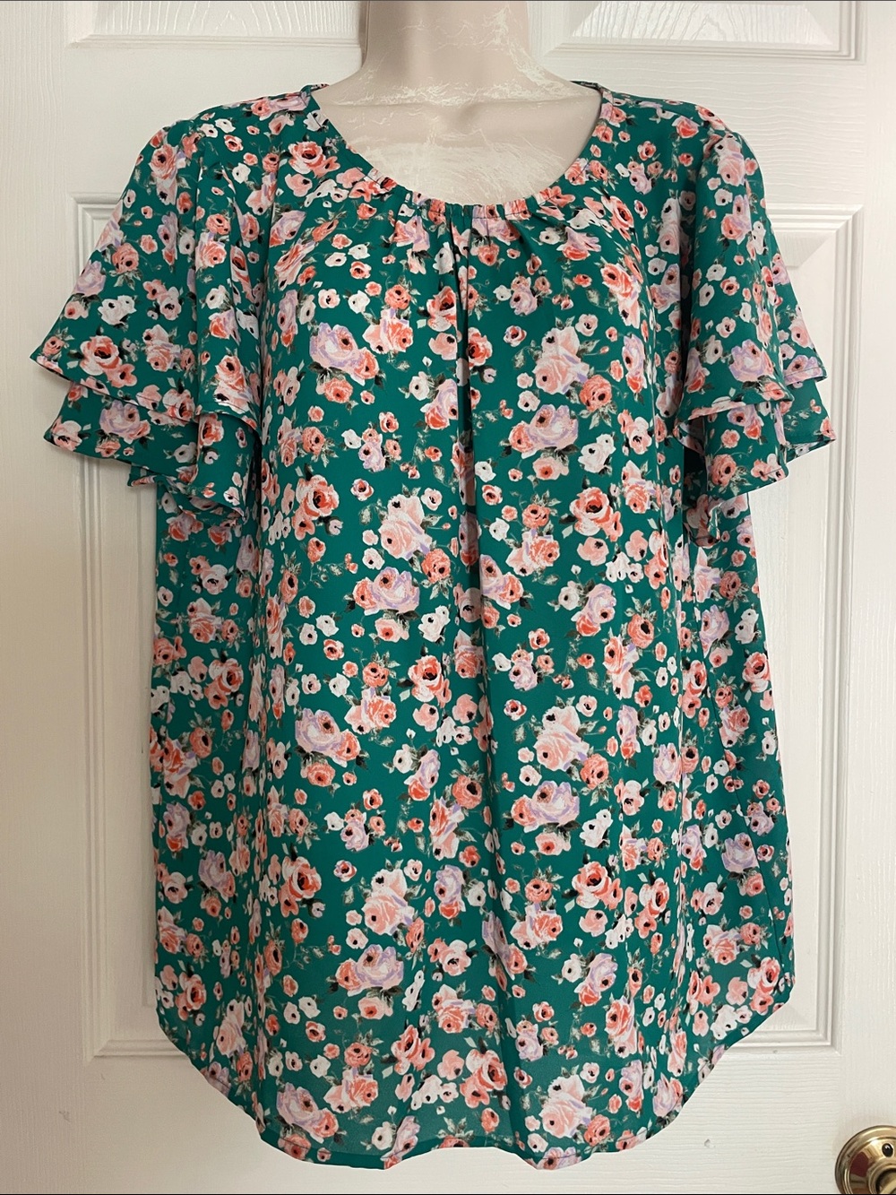 Pleione Teal Floral Short Sleeve Ruffle Blouse Large